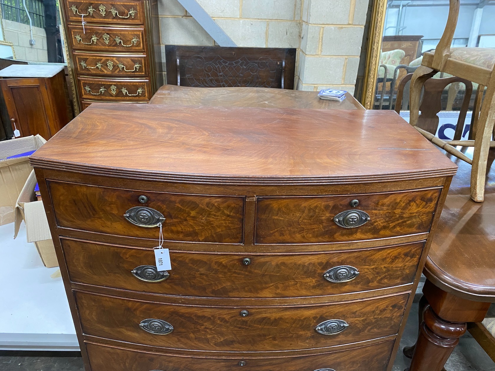A Regency mahogany bow front chest, width 105cm, depth 53cm, height 108cm